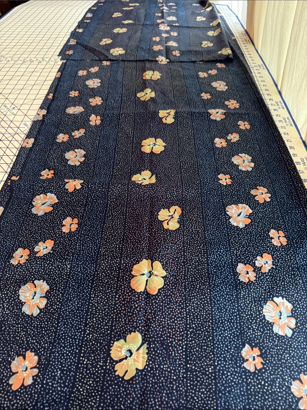 Vintage 1980s Floral Dot Stripe Fabric Navy Peach Blue 5 Yards x 44” Apparel